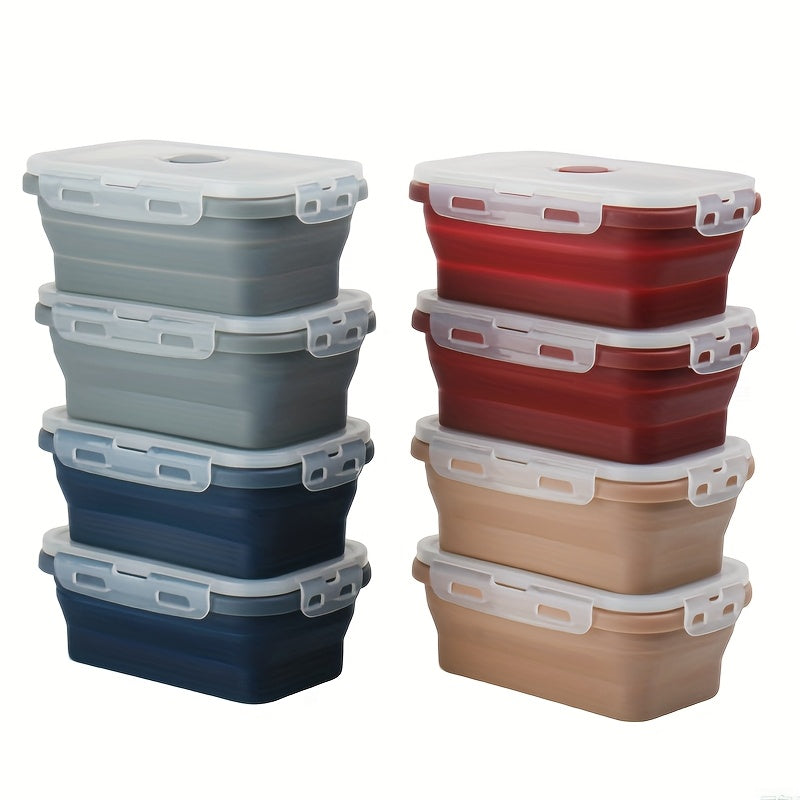 8pcs Set of Foldable Food Storage Containers with Lids and Ventilation Holes, Foldable Silicone Lunch Boxes, Microwave or Refrigerator Safe, Dishwasher Safe, 4 Colors