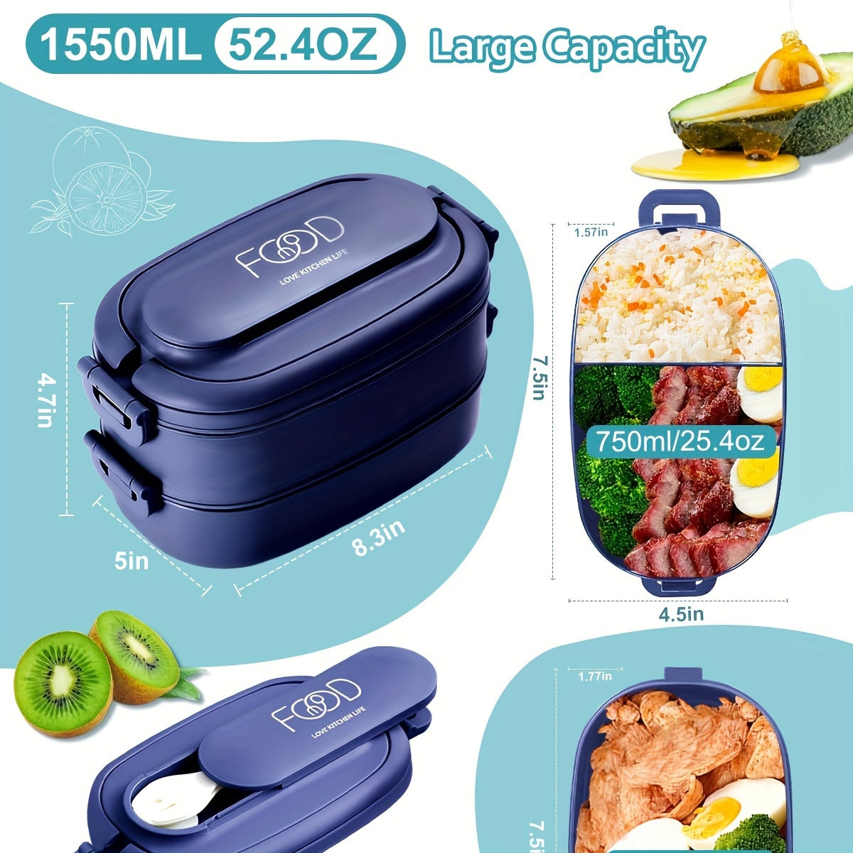 52.41oz Sturdy Stackable Bento Lunch Box with Separate Compartments - Microwave Safe, Leakproof, And Durable Polypropylene Container for Work & Outdoor Use, Outdoor Lunch Box | Stackable Lunch Box | Microwave Safe Container, Lunch Boxes,Back to School