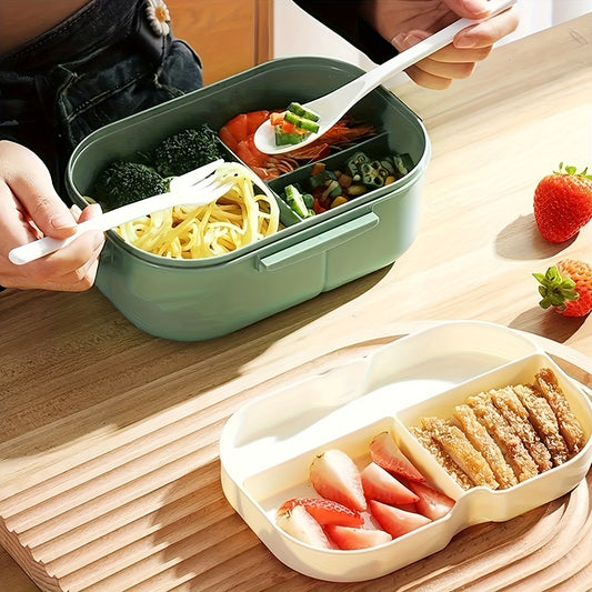 Double Layered Bento Lunch Box with Spoon & Fork, High Capacity Plastic Food Containers, Leakproof, Microwave Safe, Manual, Rectangle, No Electricity Needed,Back to School