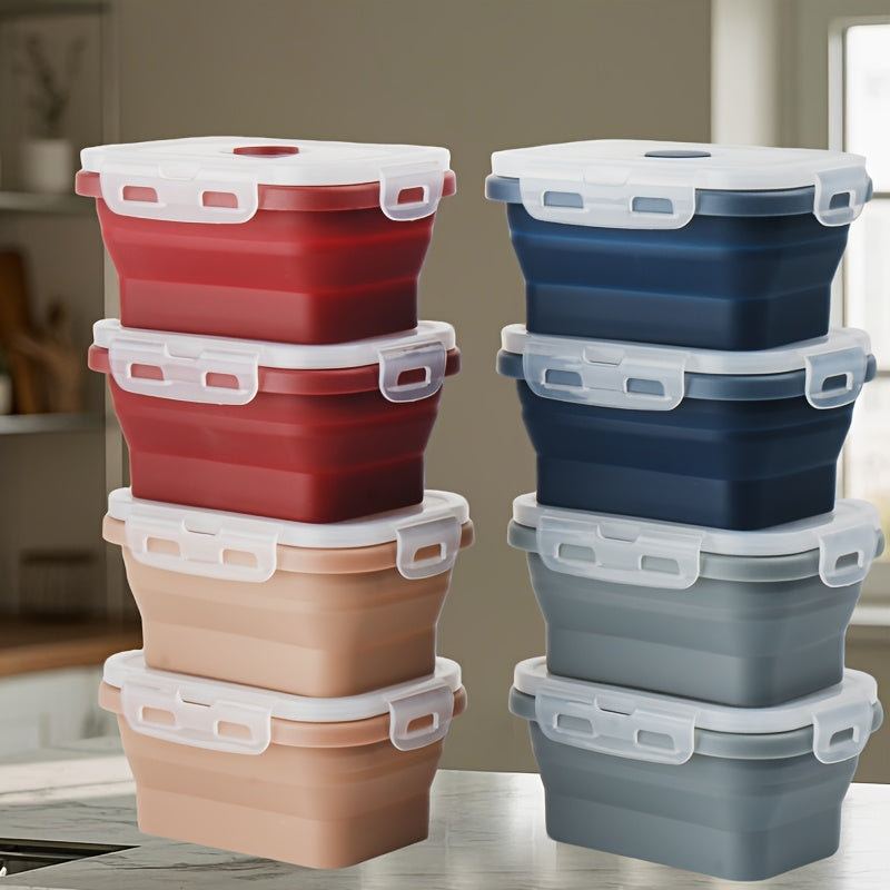 8pcs Set of Foldable Food Storage Containers with Lids and Ventilation Holes, Foldable Silicone Lunch Boxes, Microwave or Refrigerator Safe, Dishwasher Safe, 4 Colors