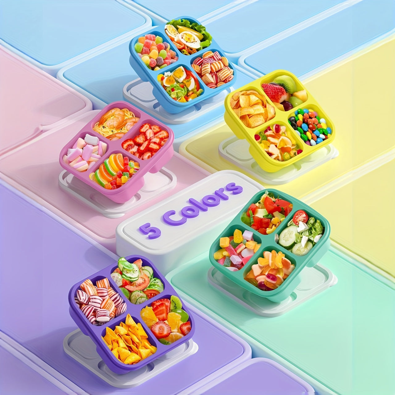 5-Pack Reusable Bento Boxes, 4-Compartment Food Storage Containers, Divided Lunch Boxes for School, Work, Travel, Dishwasher Safe, Plastic, Rectangular Shape, Manual, No Power Required,Back to School