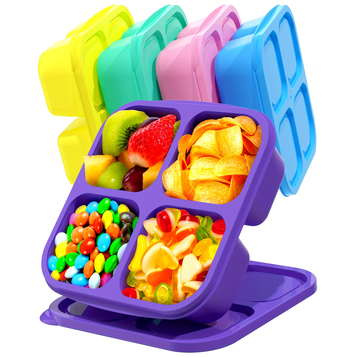 5-Pack Reusable Bento Boxes, 4-Compartment Food Storage Containers, Divided Lunch Boxes for School, Work, Travel, Dishwasher Safe, Plastic, Rectangular Shape, Manual, No Power Required,Back to School