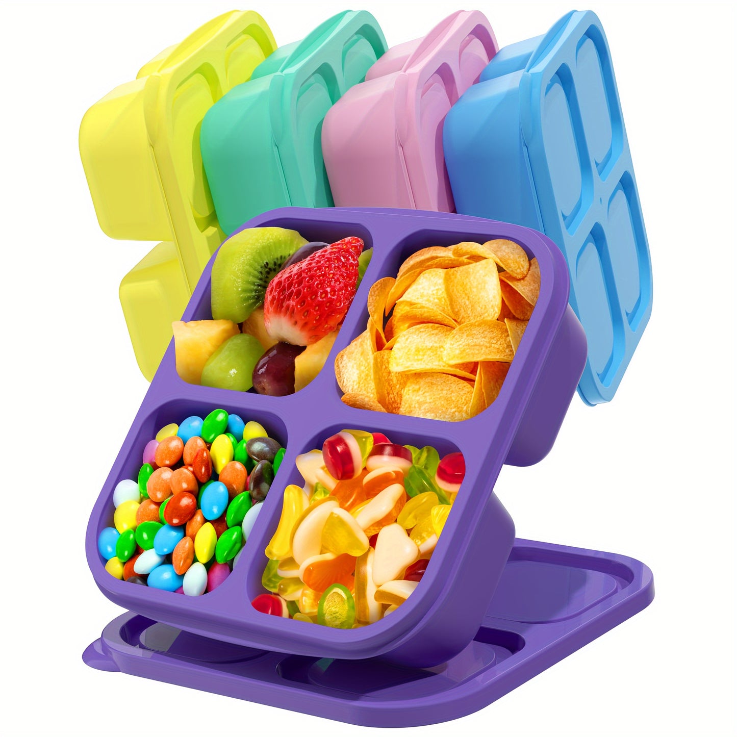 5-Pack Reusable Bento Boxes, 4-Compartment Food Storage Containers, Divided Lunch Boxes for School, Work, Travel, Dishwasher Safe, Plastic, Rectangular Shape, Manual, No Power Required,Back to School