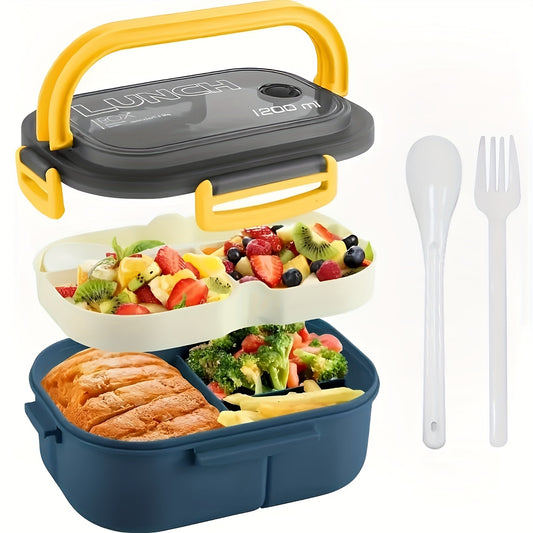 Double Layered Bento Lunch Box with Spoon & Fork, High Capacity Plastic Food Containers, Leakproof, Microwave Safe, Manual, Rectangle, No Electricity Needed,Back to School