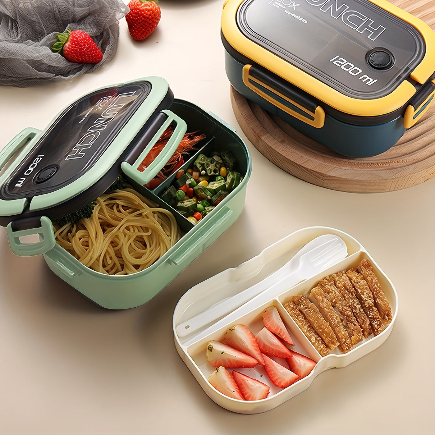Double Layered Bento Lunch Box with Spoon & Fork, High Capacity Plastic Food Containers, Leakproof, Microwave Safe, Manual, Rectangle, No Electricity Needed,Back to School