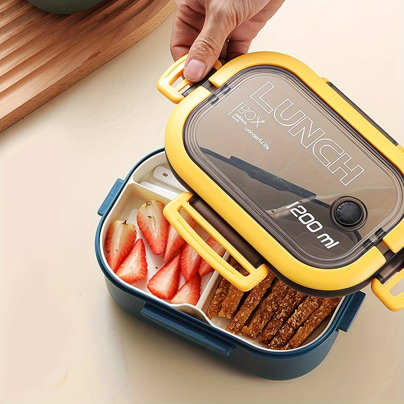 Double Layered Bento Lunch Box with Spoon & Fork, High Capacity Plastic Food Containers, Leakproof, Microwave Safe, Manual, Rectangle, No Electricity Needed,Back to School