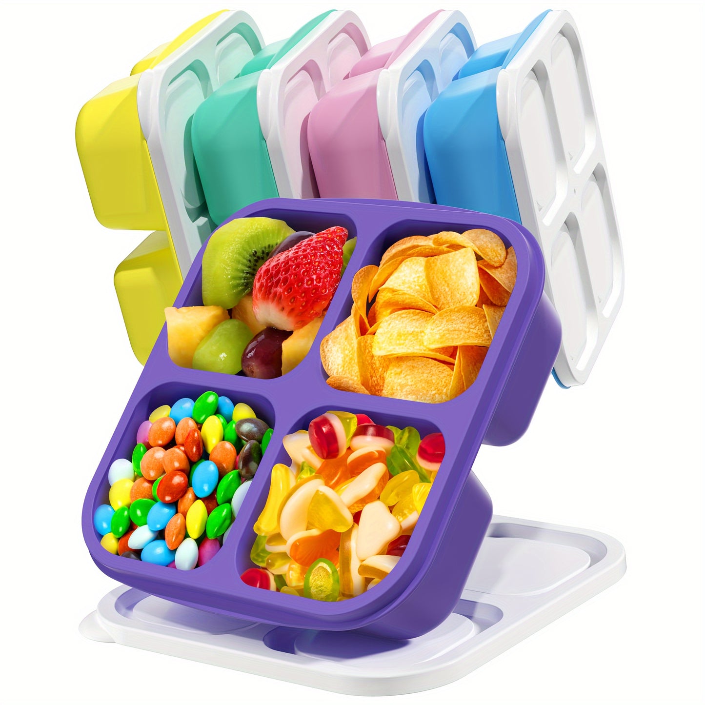 5-Pack Reusable Bento Boxes, 4-Compartment Food Storage Containers, Divided Lunch Boxes for School, Work, Travel, Dishwasher Safe, Plastic, Rectangular Shape, Manual, No Power Required,Back to School