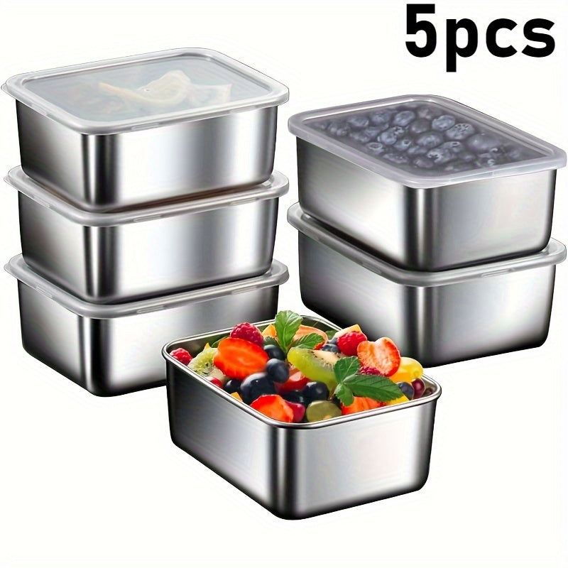 5pcs Set of Stainless Steel Food Storage Containers with Lids, Suitable for Meal Preparation, Lunch And Outdoor Picnics Stainless Steel Fresh-Keeping Box, Lid, Sealed Box, Refrigerator Storage Box, Fruit Bento Box