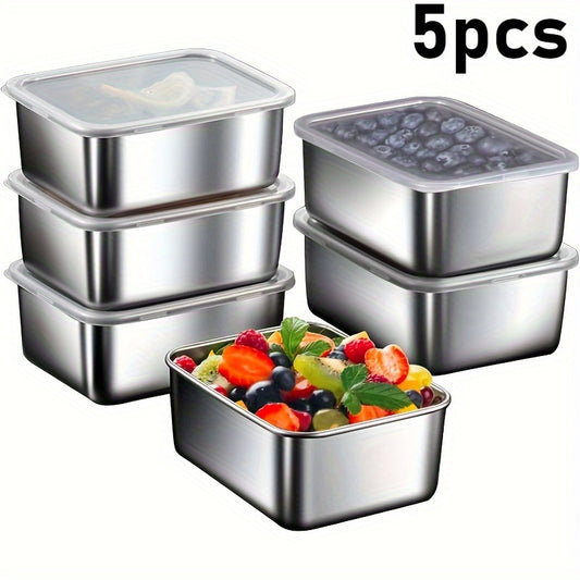 5pcs Set of Stainless Steel Food Storage Containers with Lids, Suitable for Meal Preparation, Lunch And Outdoor Picnics Stainless Steel Fresh-Keeping Box, Lid, Sealed Box, Refrigerator Storage Box, Fruit Bento Box