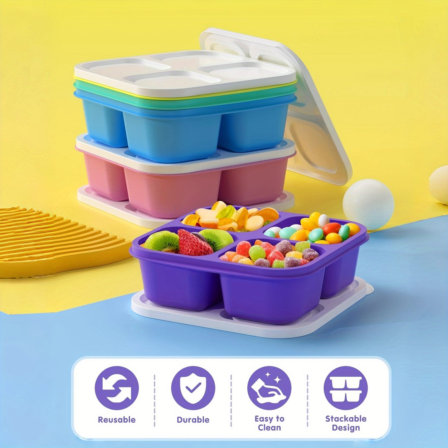 5-Pack Reusable Bento Boxes, 4-Compartment Food Storage Containers, Divided Lunch Boxes for School, Work, Travel, Dishwasher Safe, Plastic, Rectangular Shape, Manual, No Power Required,Back to School